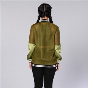 Olive Green Mesh Satin Bomber Jacket size small